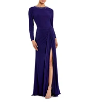 Mac Duggal Jersey Beaded Round Neck Long Sleeveless Gathered Sash Slit Gown