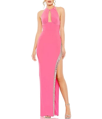 Mac Duggal Jersey Halter Neck Sleeveless Front Cutout Sequin Beaded Slit Gown