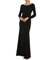 Mac Duggal Jersey Knit Beaded Crew Neck Long Sleeve Gown