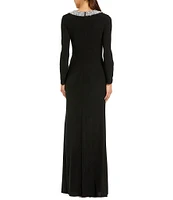 Mac Duggal Jersey Knit Beaded Crew Neck Long Sleeve Gown