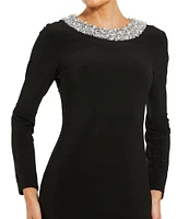 Mac Duggal Jersey Knit Beaded Crew Neck Long Sleeve Gown