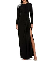 Mac Duggal Jersey Knit Beaded Shoulder Crew Neck Long Sleeve Wrap Gown