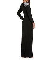 Mac Duggal Jersey Knit Beaded Shoulder Crew Neck Long Sleeve Wrap Gown