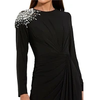 Mac Duggal Jersey Knit Beaded Shoulder Crew Neck Long Sleeve Wrap Gown