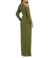 Mac Duggal Jersey Knit Beaded Shoulder Crew Neck Long Sleeve Wrap Gown