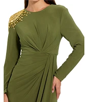 Mac Duggal Jersey Knit Beaded Shoulder Crew Neck Long Sleeve Wrap Gown