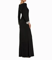 Mac Duggal Jersey Knit Boat Neck Beaded Cuff Sleeves Side Ruched Sheath Dress