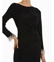 Mac Duggal Jersey Knit Boat Neck Beaded Cuff Sleeves Side Ruched Sheath Dress