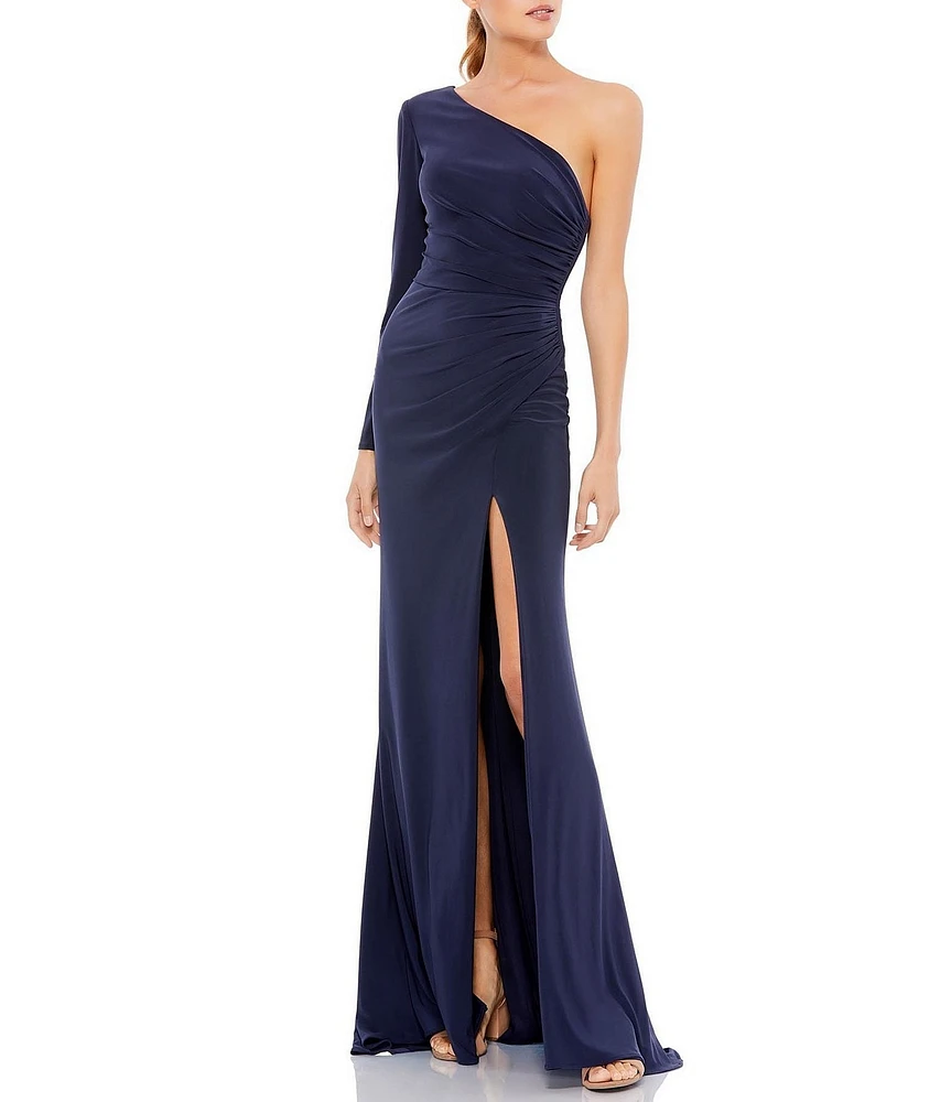 Mac Duggal Jersey Knit One Shoulder Long Sleeve Ruched Thigh High Slit Gown