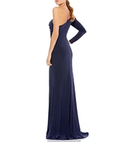 Mac Duggal Jersey Knit One Shoulder Long Sleeve Ruched Thigh High Slit Gown