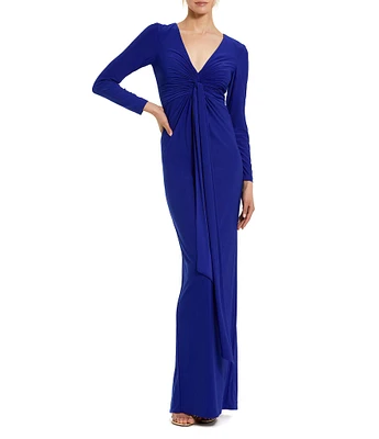 Mac Duggal Jersey Knit V-Neck Long Sleeve Front Twist Knot Sheath Dress