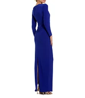 Mac Duggal Jersey Knit V-Neck Long Sleeve Front Twist Knot Sheath Dress