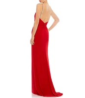 Mac Duggal Jersey Surplice V-Neck Rhinestone Spaghetti Strap Sleeveless Ruched Thigh High Slit Open Back Detail Faux Wrap Gown