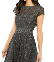 Mac Duggal Crew Neck Cap Sleeve Embellished A-Line Dress