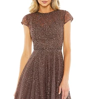 Mac Duggal Crew Neck Cap Sleeve Embellished A-Line Dress