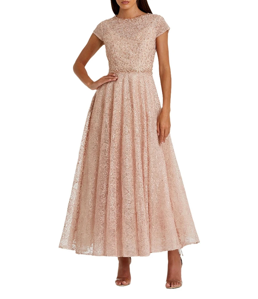 Mac Duggal Crew Neck Cap Sleeve Embellished A-Line Dress