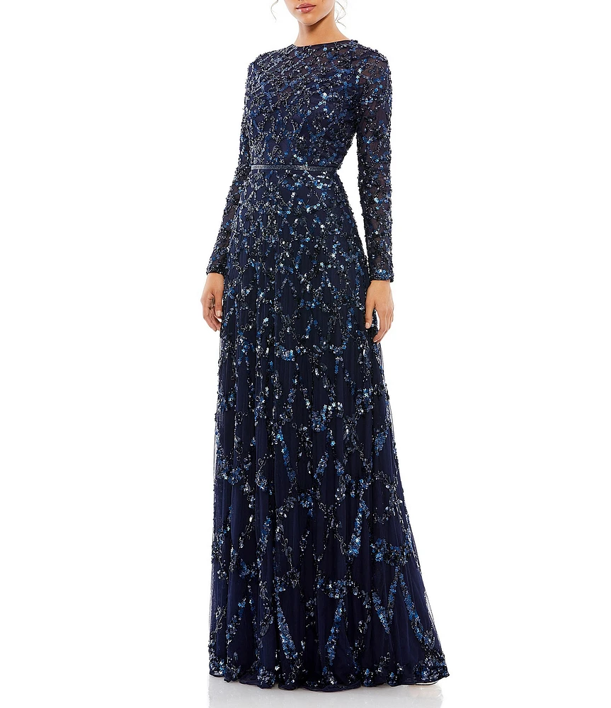 Mac Duggal Jewel Neck Embellished Mesh Illusion Long Sleeve A-line Gown