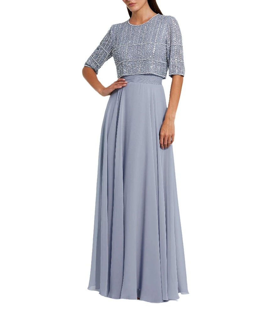 Mac Duggal Crew Neck Half Sleeve Beaded Bodice A-Line Gown