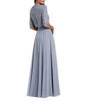 Mac Duggal Crew Neck Half Sleeve Beaded Bodice A-Line Gown