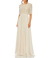 Mac Duggal Crew Neck Half Sleeve Beaded Bodice A-Line Gown