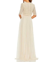 Mac Duggal Crew Neck Half Sleeve Beaded Bodice A-Line Gown
