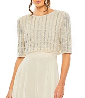 Mac Duggal Crew Neck Half Sleeve Beaded Bodice A-Line Gown