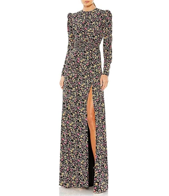 Mac Duggal Crew Neck Long Sleeve Front Slit Gown