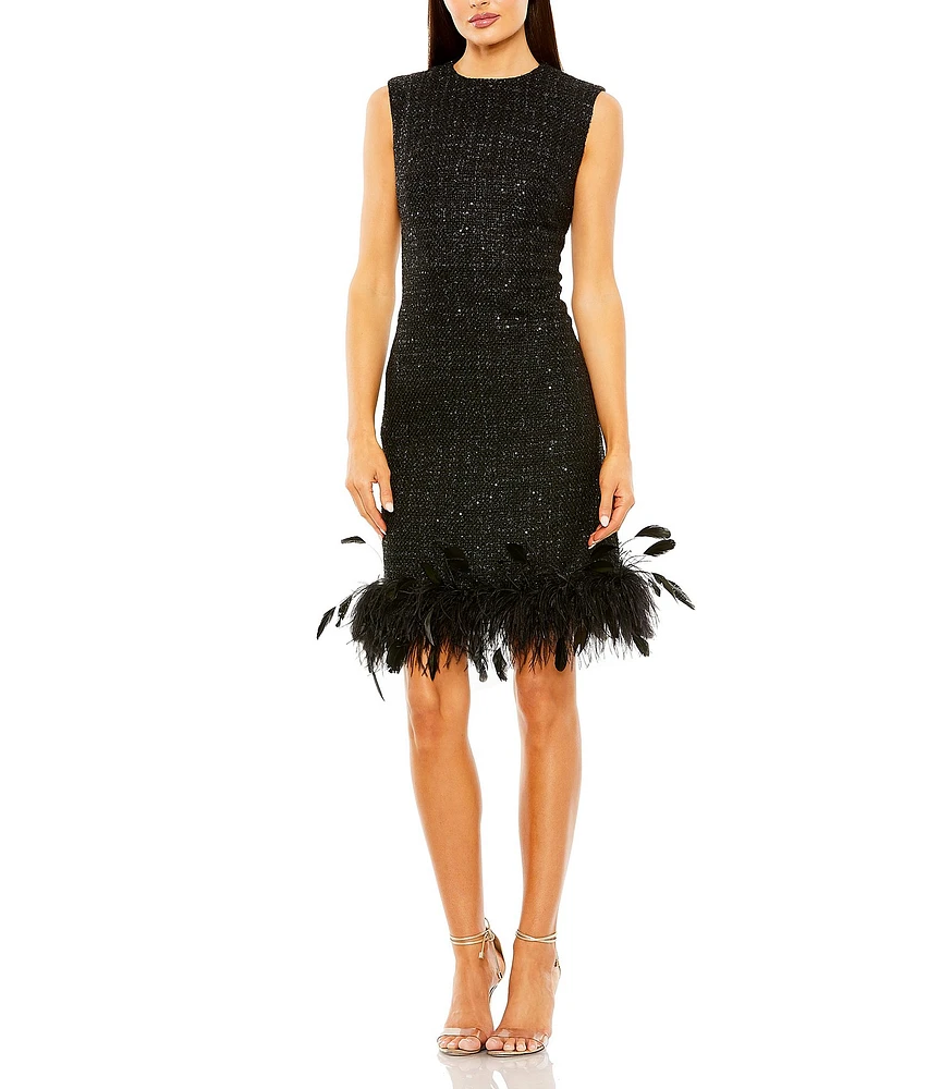 Mac Duggal Crew Neck Shimmer Boucle Feather Hem Sheath Dress