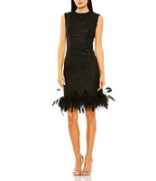 Mac Duggal Crew Neck Shimmer Boucle Feather Hem Sheath Dress
