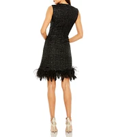 Mac Duggal Crew Neck Shimmer Boucle Feather Hem Sheath Dress