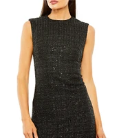 Mac Duggal Crew Neck Shimmer Boucle Feather Hem Sheath Dress