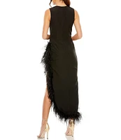 Mac Duggal Crew Neck Sleeveless High-Low Hem with Feather Trim