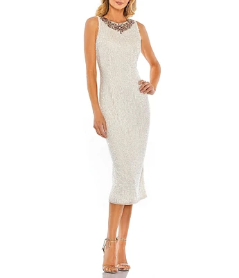 Mac Duggal Jeweled High Neck Sequined Midi Dress