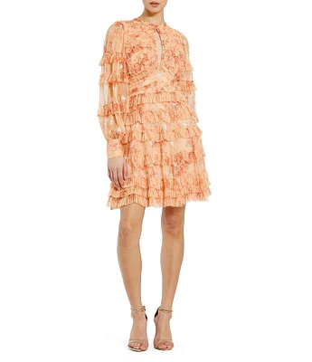Mac Duggal Key Hole Neck Long Sleeve Floral Mesh A-Line Micro Ruffle Dress