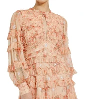 Mac Duggal Key Hole Neck Long Sleeve Floral Mesh A-Line Micro Ruffle Dress