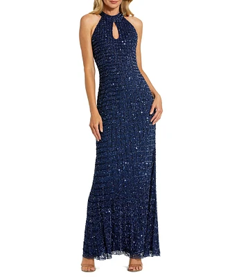 Mac Duggal Keyhole Neck Beaded Mesh Column Gown