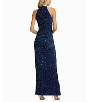 Mac Duggal Keyhole Neck Beaded Mesh Column Gown