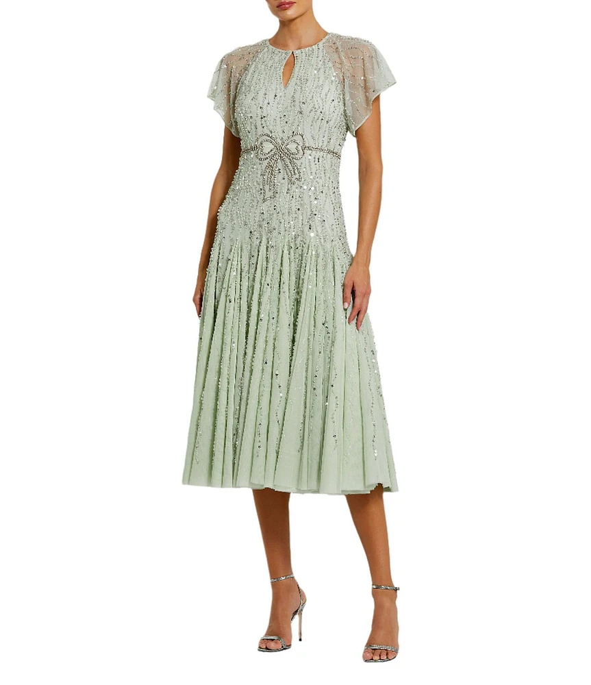 Mac Duggal Keyhole Neck Flutter Sleeve Bow Front Beaded Mesh Drop Waist Midi Dress
