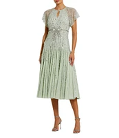 Mac Duggal Keyhole Neck Flutter Sleeve Bow Front Beaded Mesh Drop Waist Midi Dress