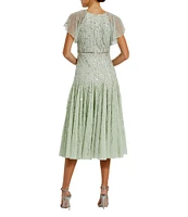 Mac Duggal Keyhole Neck Flutter Sleeve Bow Front Beaded Mesh Drop Waist Midi Dress