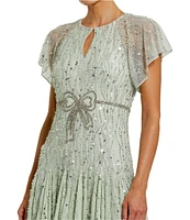 Mac Duggal Keyhole Neck Flutter Sleeve Bow Front Beaded Mesh Drop Waist Midi Dress