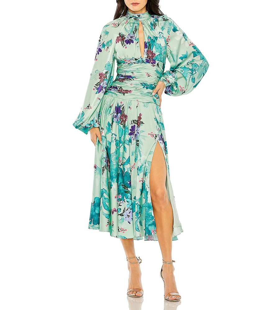 Mac Duggal Keyhole Neck Long Sleeve Ruched Waist Floral Satin Midi Dress