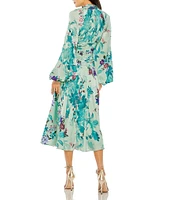 Mac Duggal Keyhole Neck Long Sleeve Ruched Waist Floral Satin Midi Dress