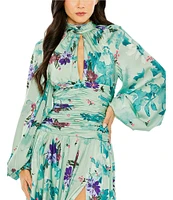 Mac Duggal Keyhole Neck Long Sleeve Ruched Waist Floral Satin Midi Dress