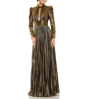 Mac Duggal Keyhole Neck Pleated Metallic Gown