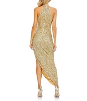 Mac Duggal Keyhole Neck Sleeveless Sequined Asymmetrical Hem Gown