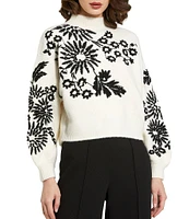 Mac Duggal Knit Floral Embroidered Mock Neck Long Balloon Sleeve Cropped Sweater