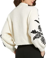 Mac Duggal Knit Floral Embroidered Mock Neck Long Balloon Sleeve Cropped Sweater