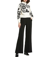 Mac Duggal Knit Floral Embroidered Mock Neck Long Balloon Sleeve Cropped Sweater