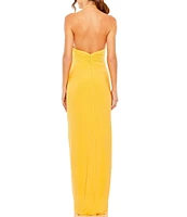 Mac Duggal Knit Jersey Halter Neck Ruched High Side Slit Column Gown